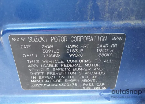 2012 Suzuki Sx4 Premium/Tech Valu Pkg (Nav) z USA, uszkodzony, nr VIN JS2YB5A38C6300475